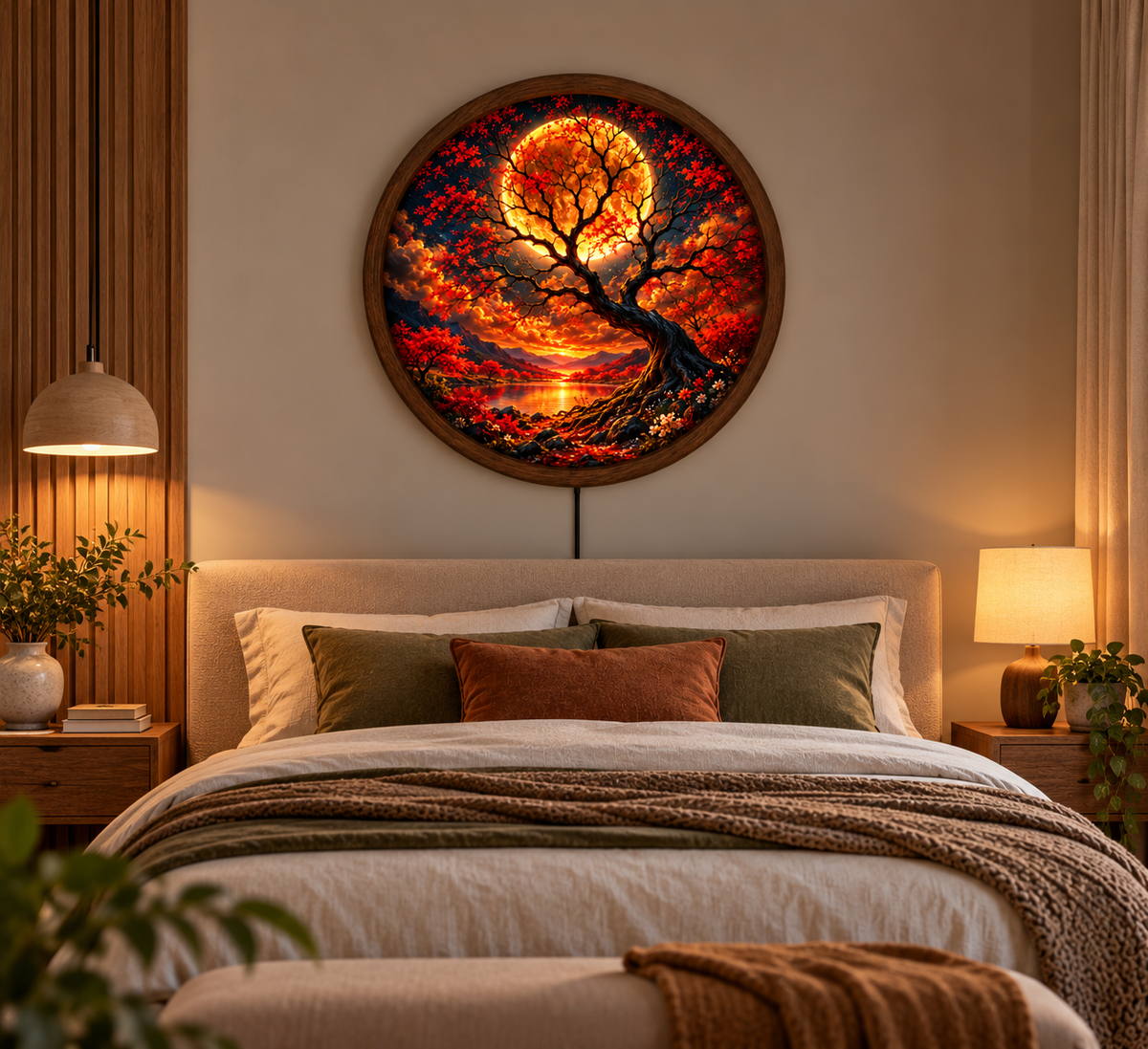 Red Moon Tree LED Wall Art, Glowing Autumn Landscape Round Wall Decor