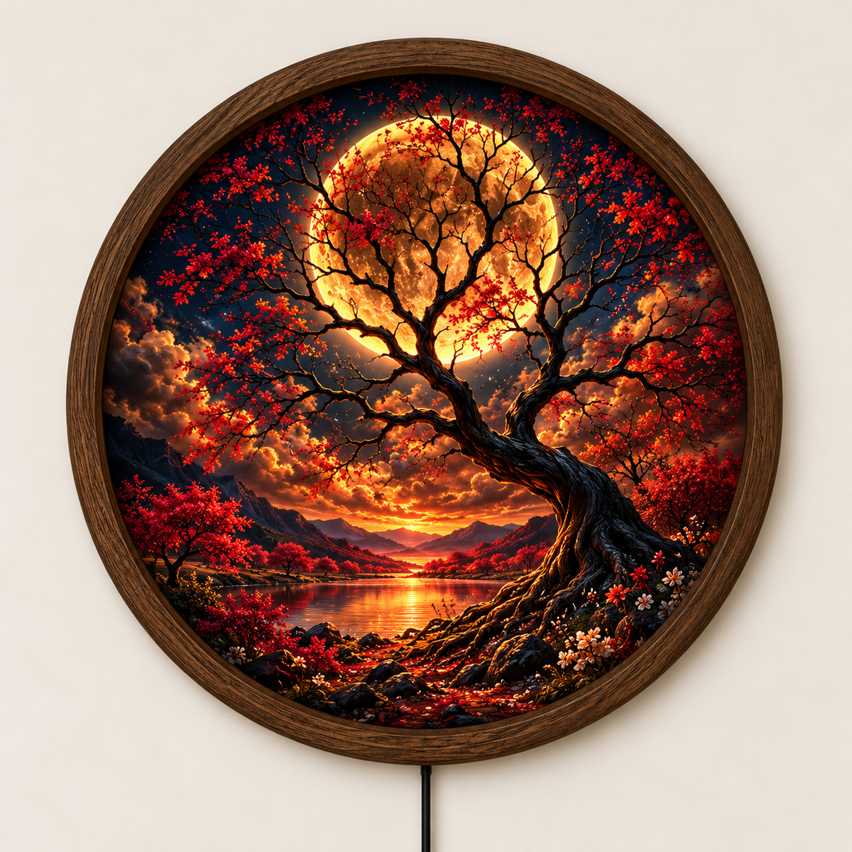 Red Moon Tree LED Wall Art, Glowing Autumn Landscape Round Wall Decor