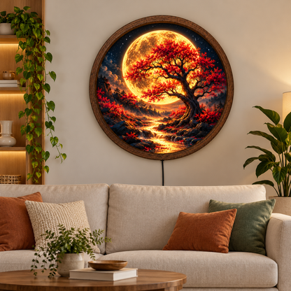 Golden Moon Tree LED Wall Art, Glowing Red Autumn Tree Round Wall Decor