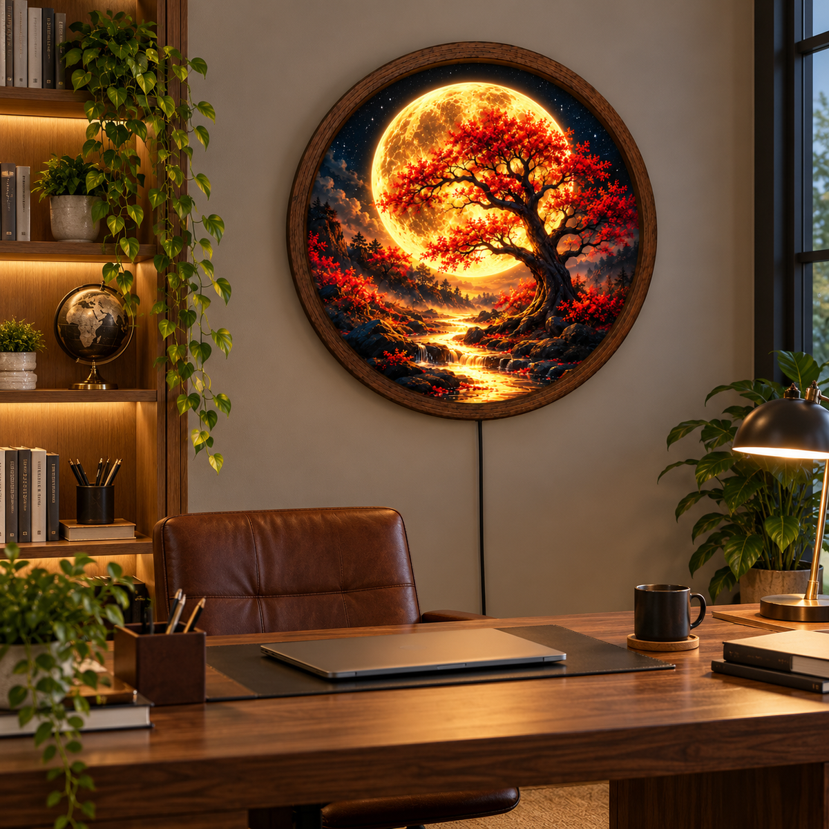 Golden Moon Tree LED Wall Art, Glowing Red Autumn Tree Round Wall Decor