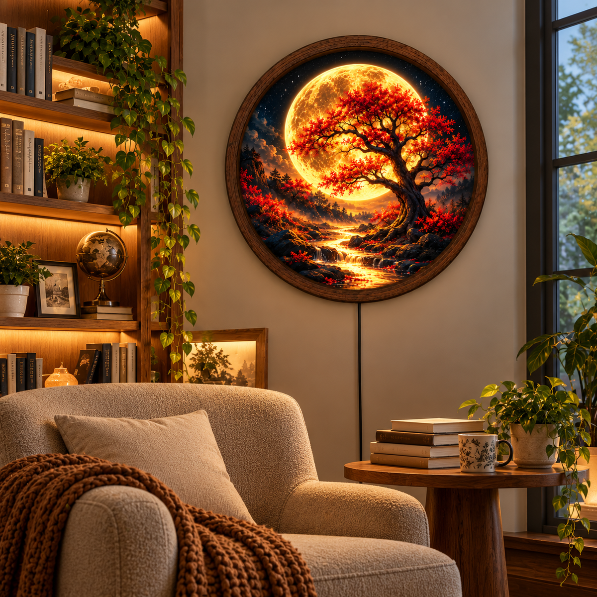 Golden Moon Tree LED Wall Art, Glowing Red Autumn Tree Round Wall Decor