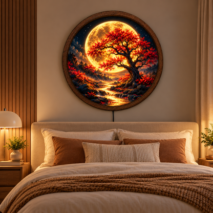 Golden Moon Tree LED Wall Art, Glowing Red Autumn Tree Round Wall Decor