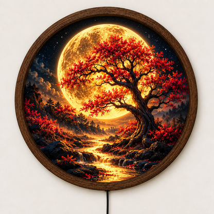 Golden Moon Tree LED Wall Art, Glowing Red Autumn Tree Round Wall Decor