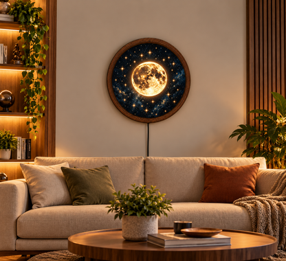 Glowing Full Moon LED Wall Art, Golden Moon and Starry Night Sky Round Wall Decor,
