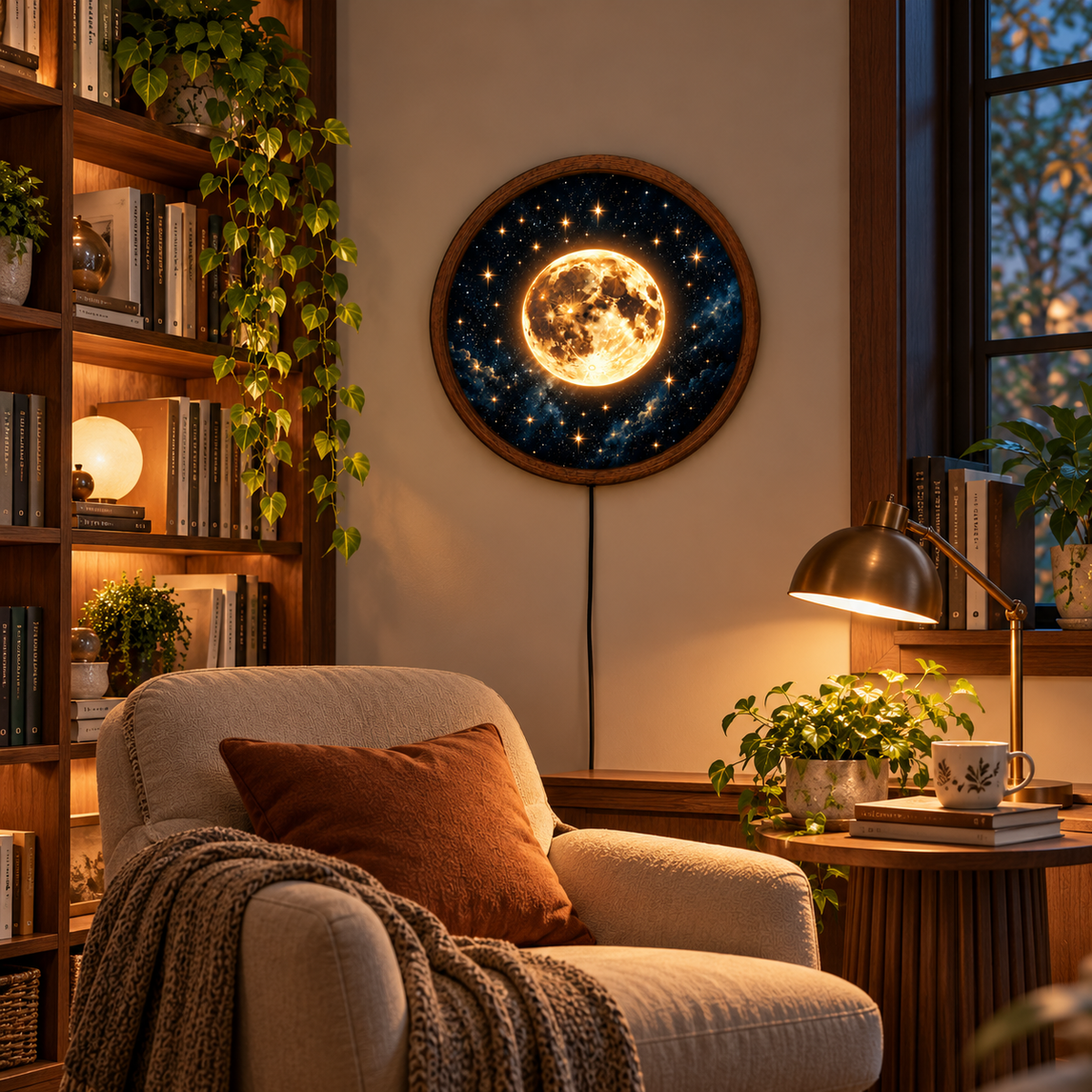 Glowing Full Moon LED Wall Art, Golden Moon and Starry Night Sky Round Wall Decor,