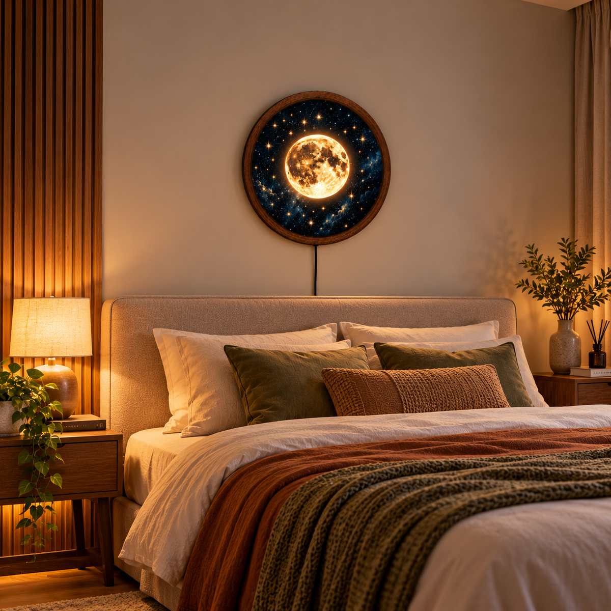 Glowing Full Moon LED Wall Art, Golden Moon and Starry Night Sky Round Wall Decor,
