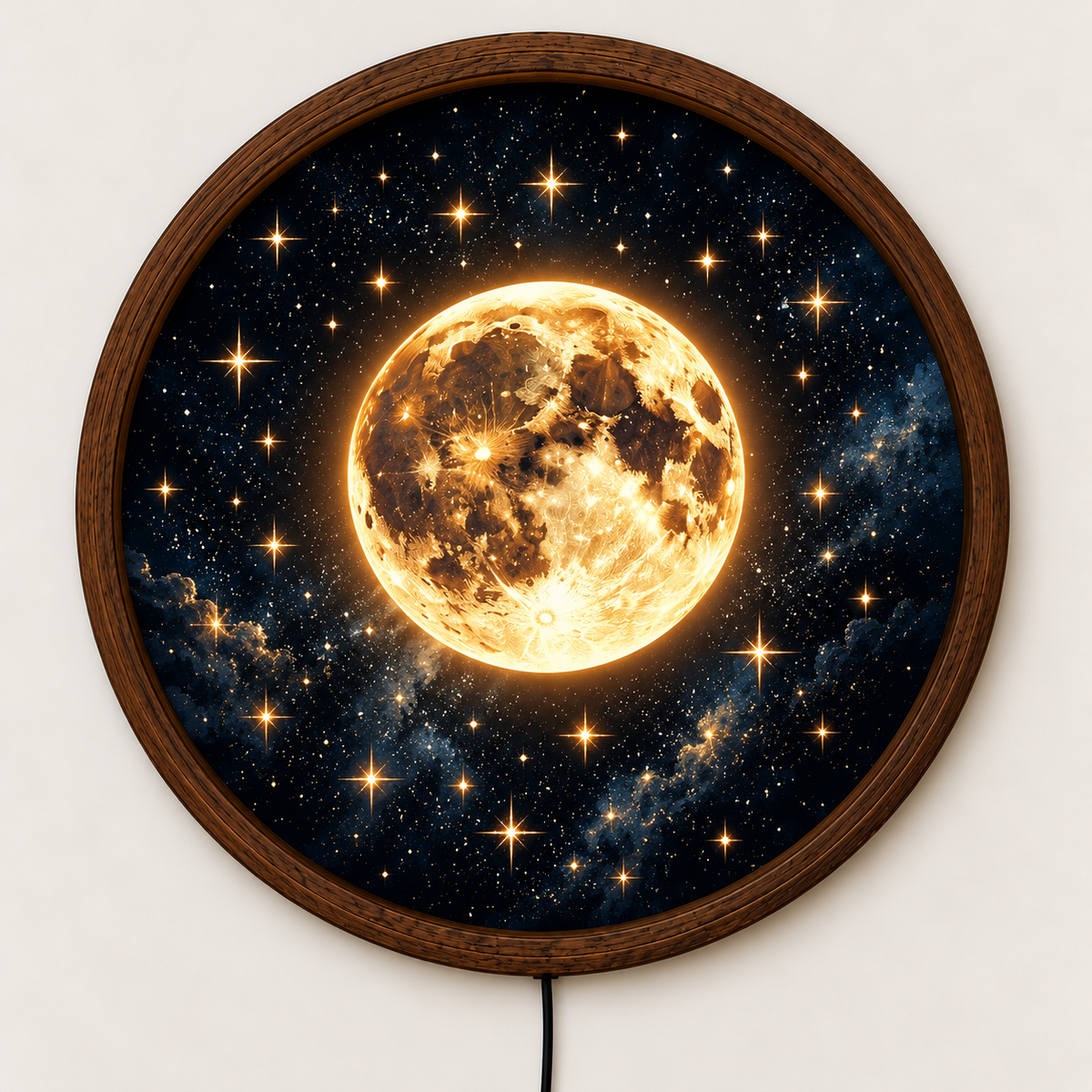 Glowing Full Moon LED Wall Art, Golden Moon and Starry Night Sky Round Wall Decor,