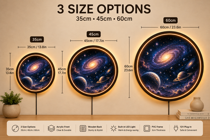 Galaxy LED Wall Art, Space Lighted Wall Decor, Round Wooden Frame Lamp, Cosmic Night Light