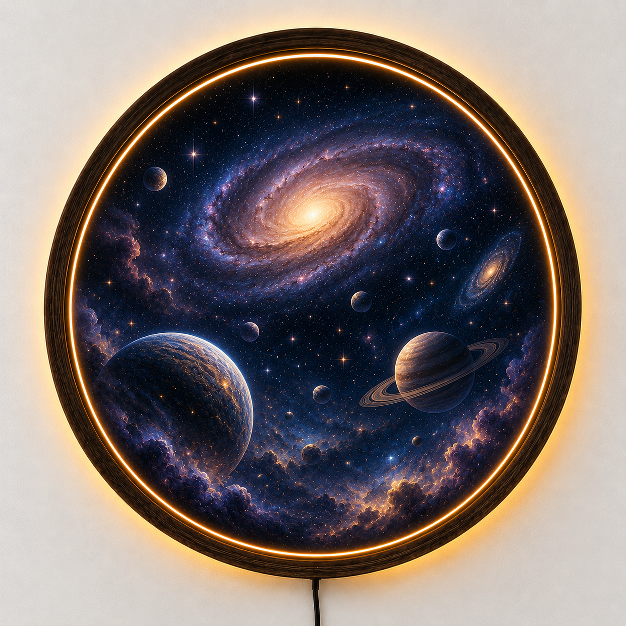 Galaxy LED Wall Art, Space Lighted Wall Decor, Round Wooden Frame Lamp, Cosmic Night Light