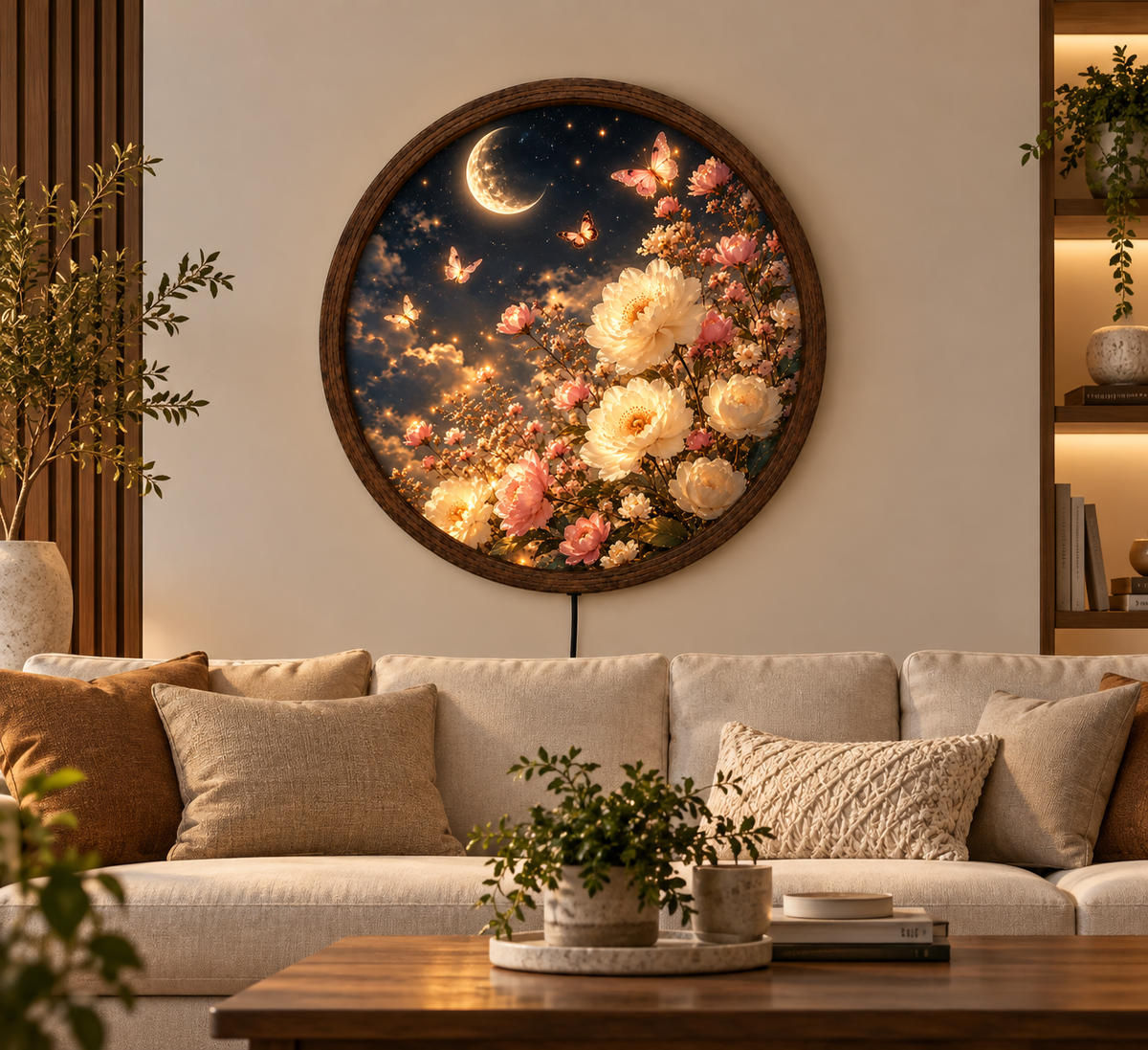 Moonlit Floral LED Wall Art, Crescent Moon Butterfly Round Light, Glowing Flower Wall Decor, Romantic Bedroom Night Light Gift