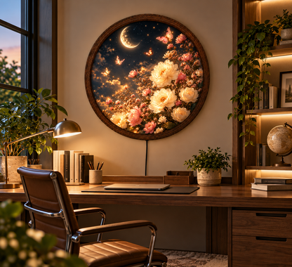 Moonlit Floral LED Wall Art, Crescent Moon Butterfly Round Light, Glowing Flower Wall Decor, Romantic Bedroom Night Light Gift