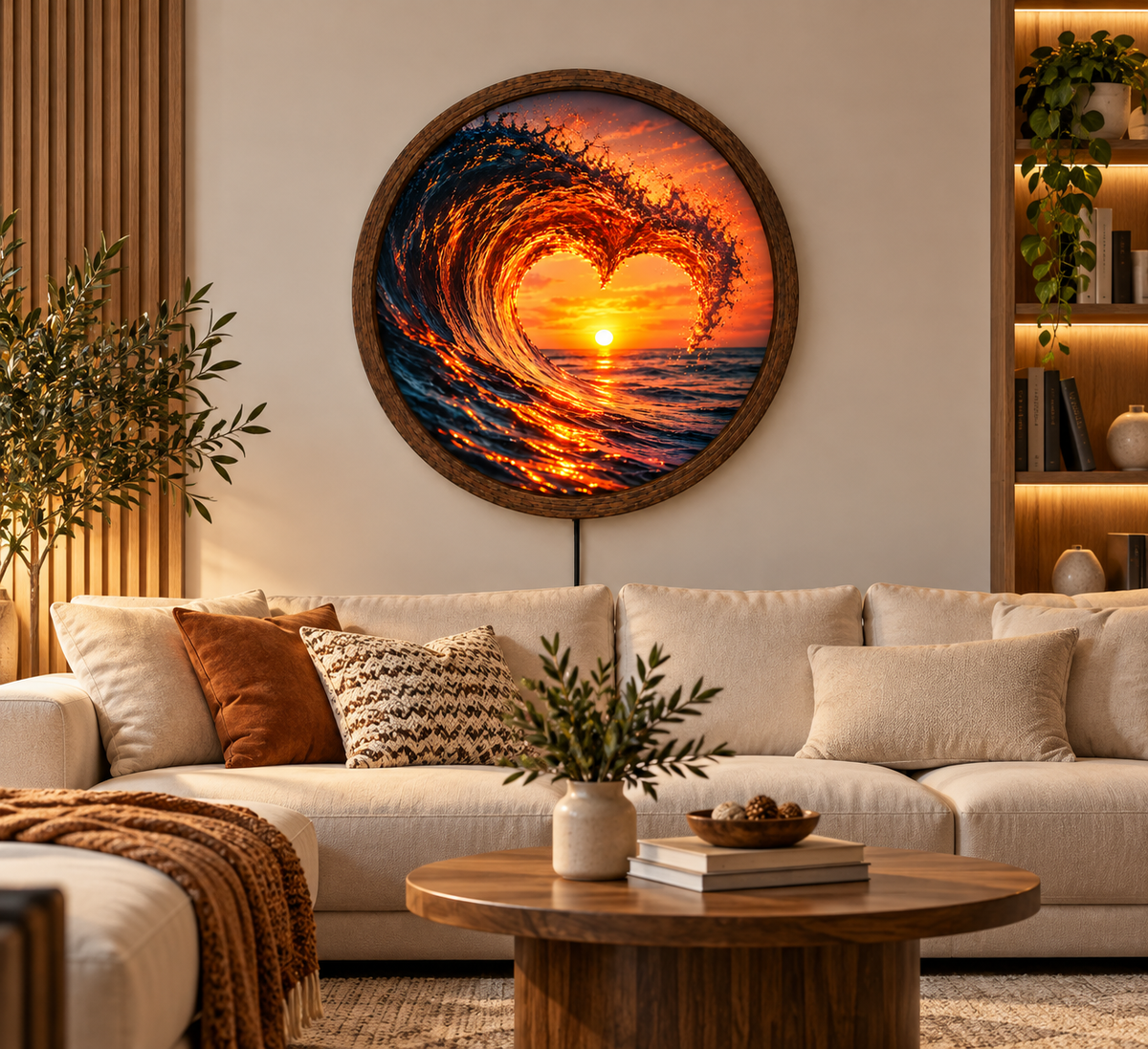 Heart Shaped Ocean Wave LED Wall Art, Romantic Sunset Round Wall Light, Glowing Coastal Beach Decor, Ocean Lover Gift