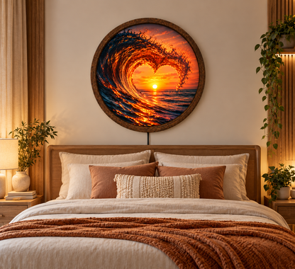 Heart Shaped Ocean Wave LED Wall Art, Romantic Sunset Round Wall Light, Glowing Coastal Beach Decor, Ocean Lover Gift