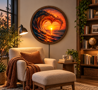 Heart Shaped Ocean Wave LED Wall Art, Romantic Sunset Round Wall Light, Glowing Coastal Beach Decor, Ocean Lover Gift