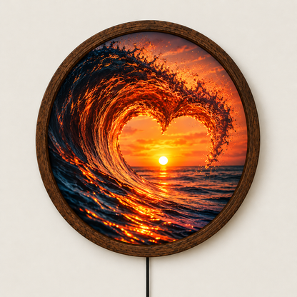 Heart Shaped Ocean Wave LED Wall Art, Romantic Sunset Round Wall Light, Glowing Coastal Beach Decor, Ocean Lover Gift