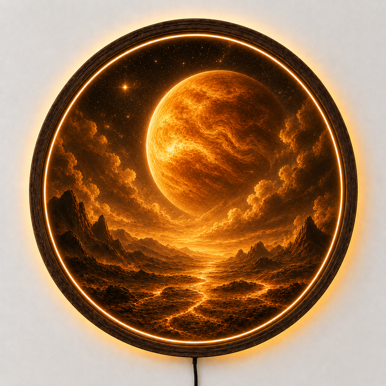 Venus LED Wall Art, Planet Wall Decor, Round Wooden Frame Lamp, Celestial Night Light