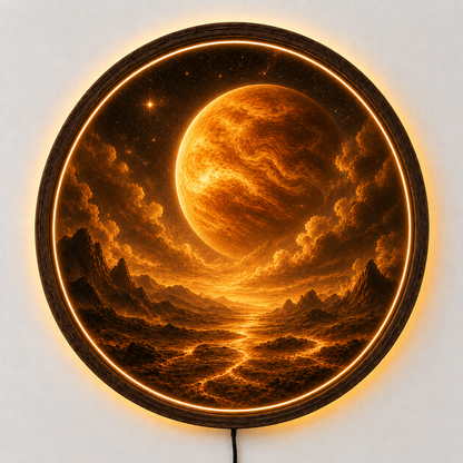 Venus LED Wall Art, Planet Wall Decor, Round Wooden Frame Lamp, Celestial Night Light