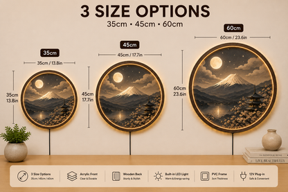 Mount Fuji LED Wall Art, Japanese Landscape Light, Moonlit Mountain Decor, Round Wooden Frame Lamp
