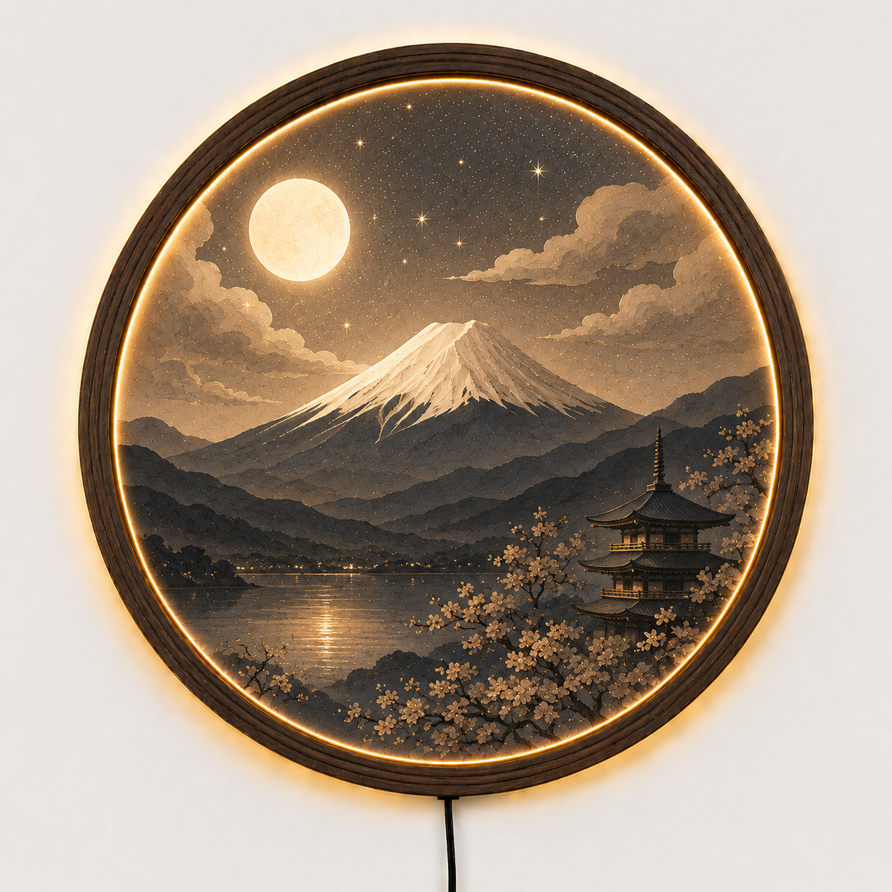 Mount Fuji LED Wall Art, Japanese Landscape Light, Moonlit Mountain Decor, Round Wooden Frame Lamp