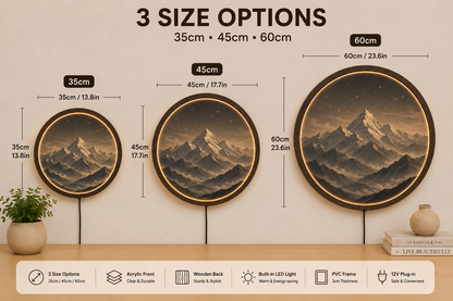 Himalaya Mountain LED Wall Decor, Round Wooden Frame Light, Nature Landscape Wall Art