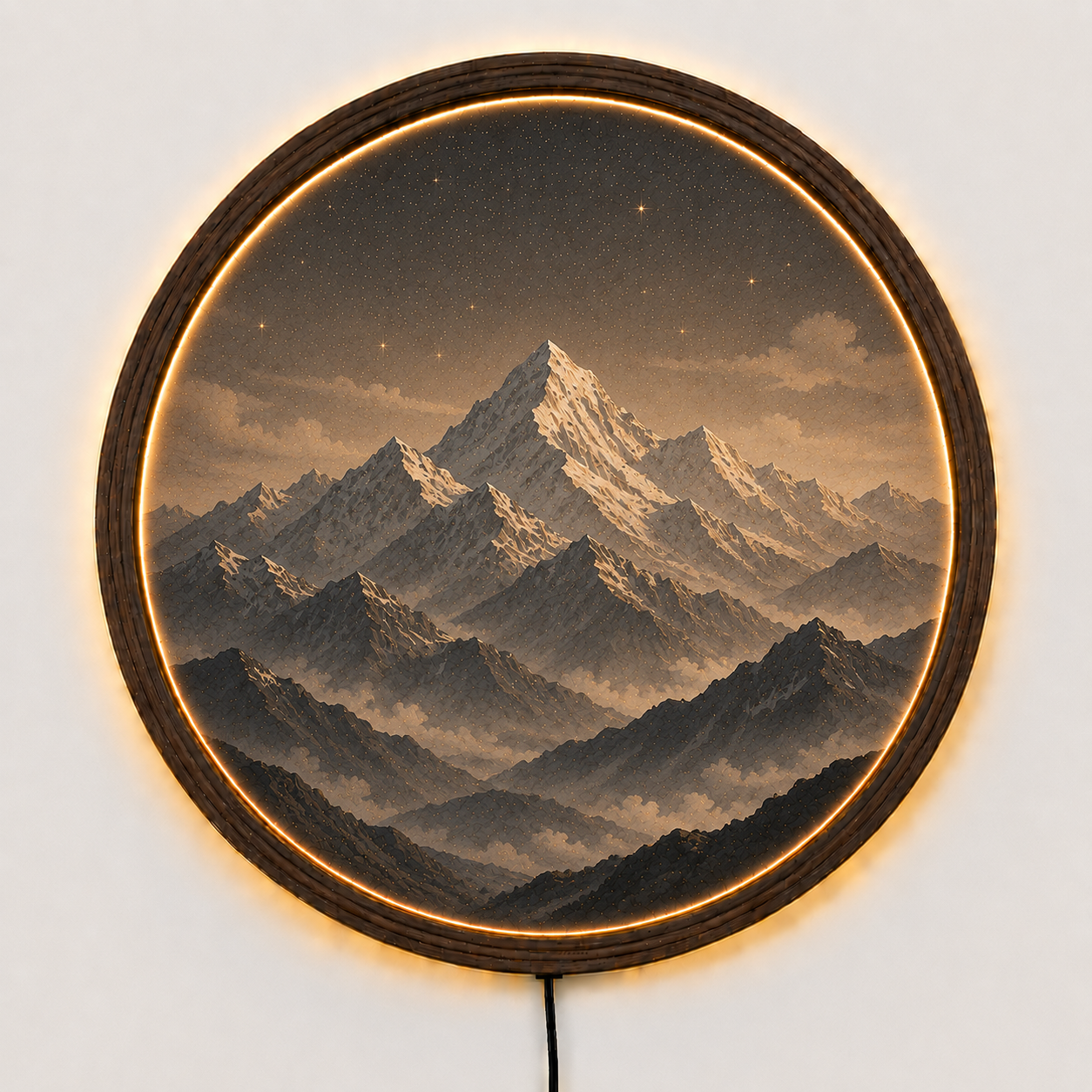 Himalaya Mountain LED Wall Decor, Round Wooden Frame Light, Nature Landscape Wall Art