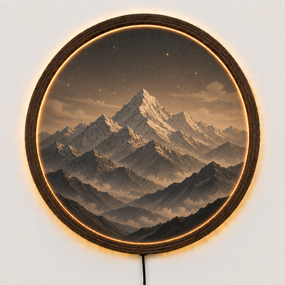 Himalaya Mountain LED Wall Decor, Round Wooden Frame Light, Nature Landscape Wall Art