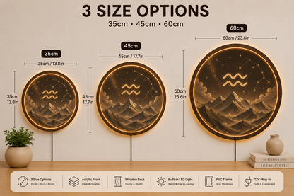 Aquarius Zodiac Wall Art with LED Light, Astrology Decor, Round Wooden Frame Lamp