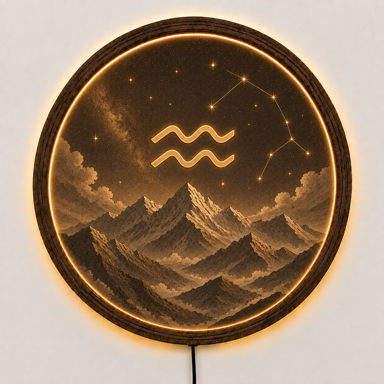Aquarius Zodiac Wall Art with LED Light, Astrology Decor, Round Wooden Frame Lamp