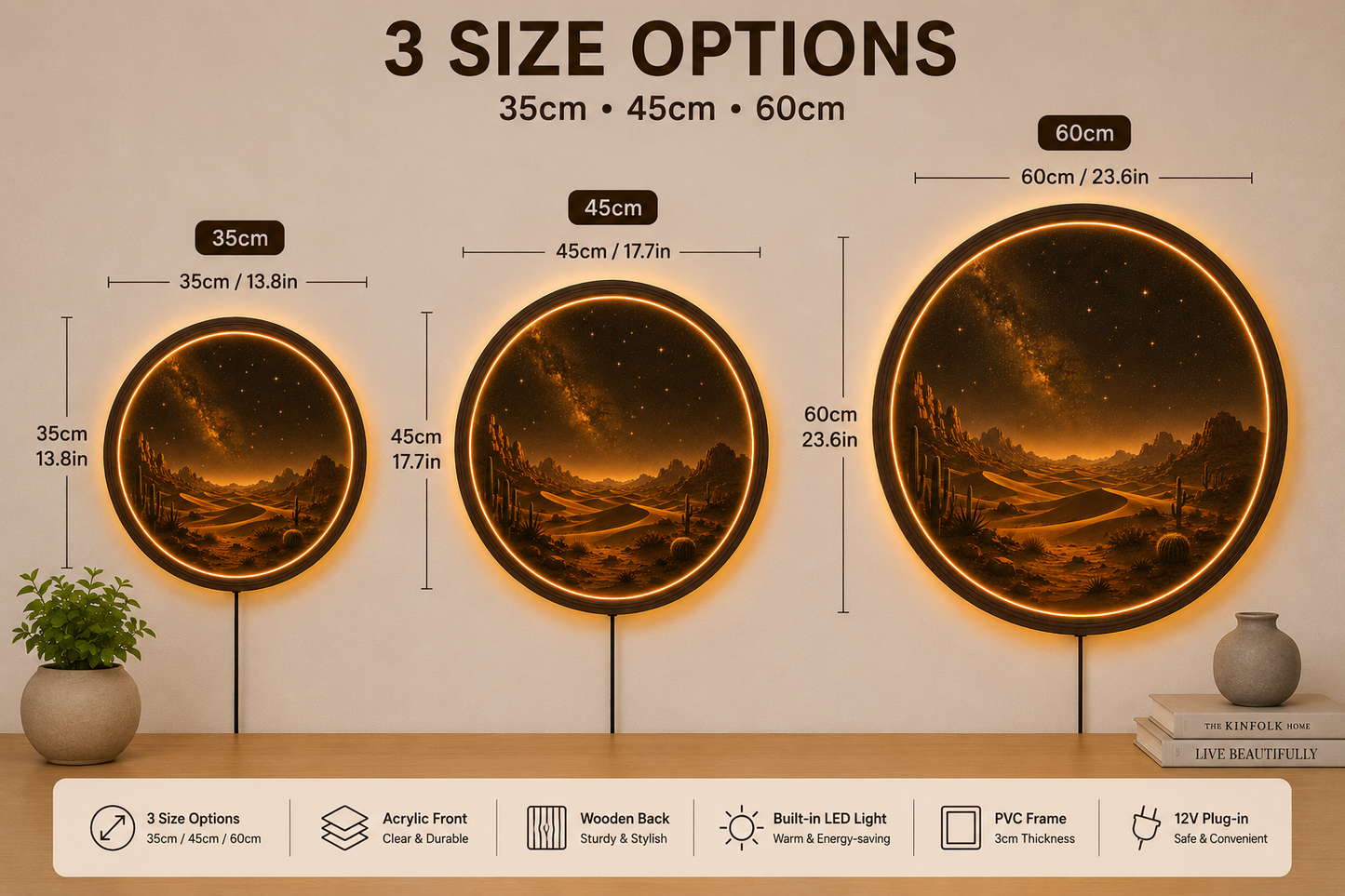 Desert LED Wall Decor, Round Wooden Frame Light, Warm Ambient Landscape Art