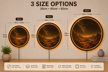 Desert LED Wall Decor, Round Wooden Frame Light, Warm Ambient Landscape Art