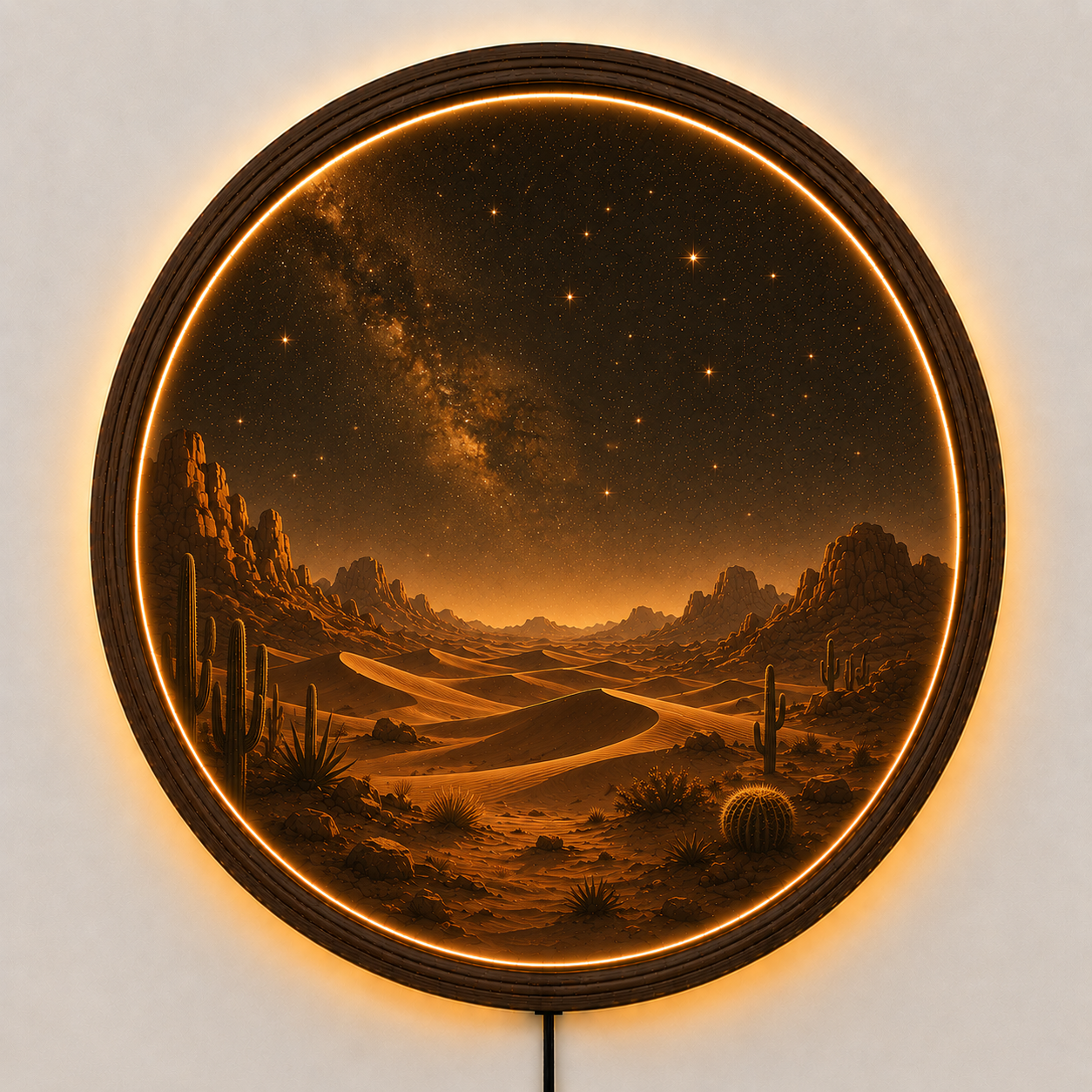 Desert LED Wall Decor, Round Wooden Frame Light, Warm Ambient Landscape Art