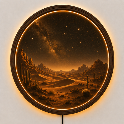 Desert LED Wall Decor, Round Wooden Frame Light, Warm Ambient Landscape Art