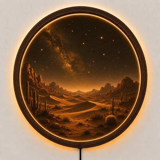 Desert LED Wall Decor, Round Wooden Frame Light, Warm Ambient Landscape Art