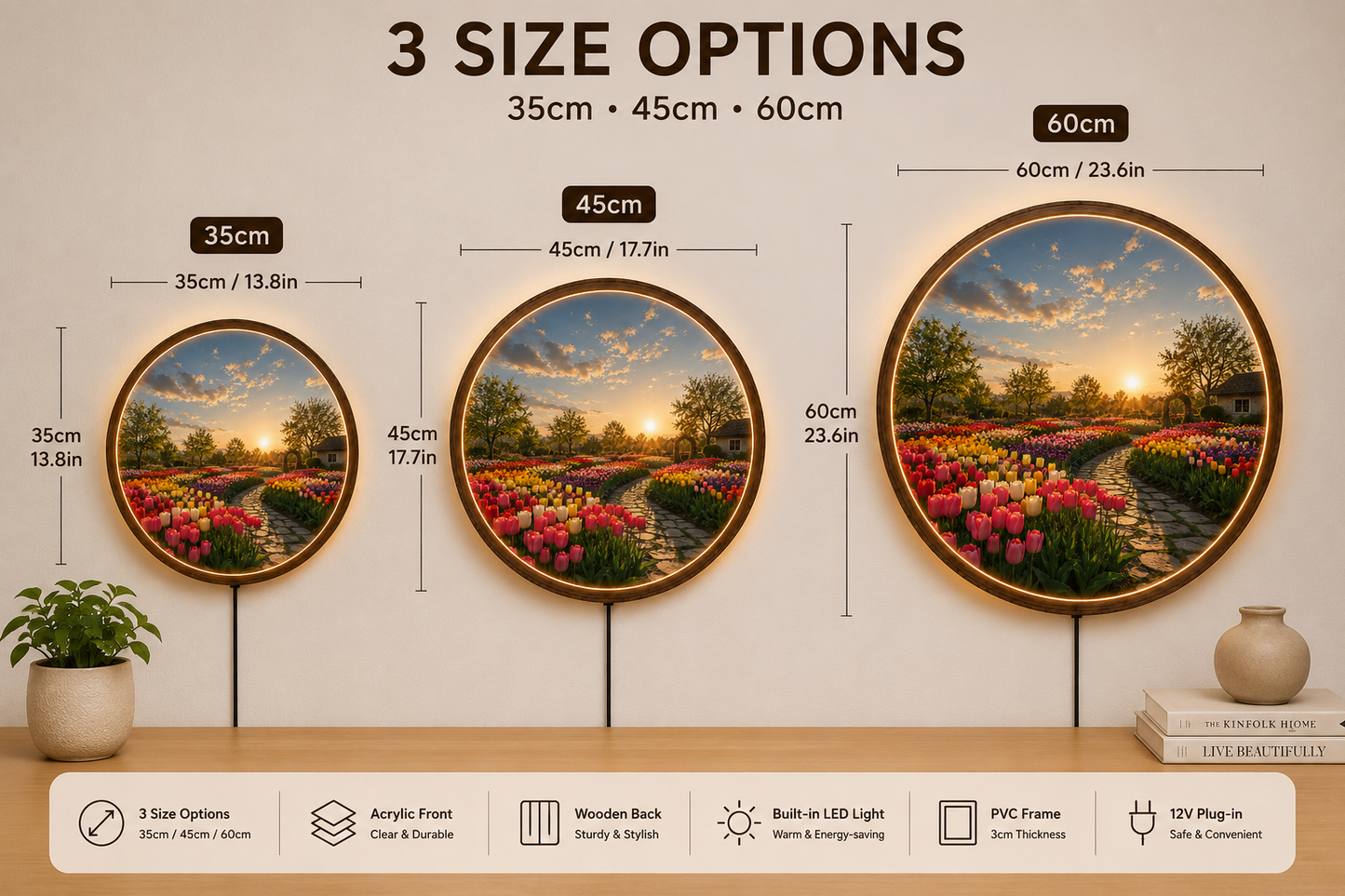 Tulip Garden LED Wall Art, Round Wooden Frame Light, Sunset Flower Landscape Decor