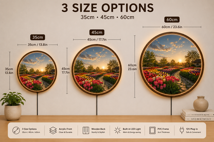 Tulip Garden LED Wall Art, Round Wooden Frame Light, Sunset Flower Landscape Decor