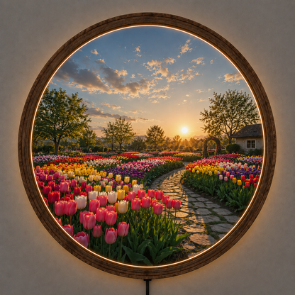 Tulip Garden LED Wall Art, Round Wooden Frame Light, Sunset Flower Landscape Decor