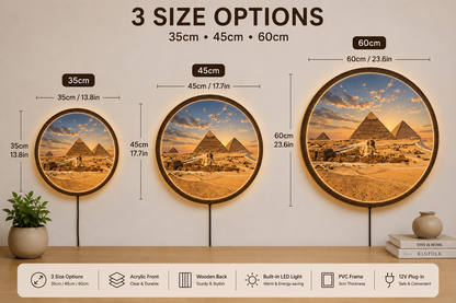 Egypt Pyramid LED Wall Art, Round Wooden Frame Light, Ancient Desert Landscape Decor