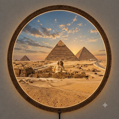 Egypt Pyramid LED Wall Art, Round Wooden Frame Light, Ancient Desert Landscape Decor