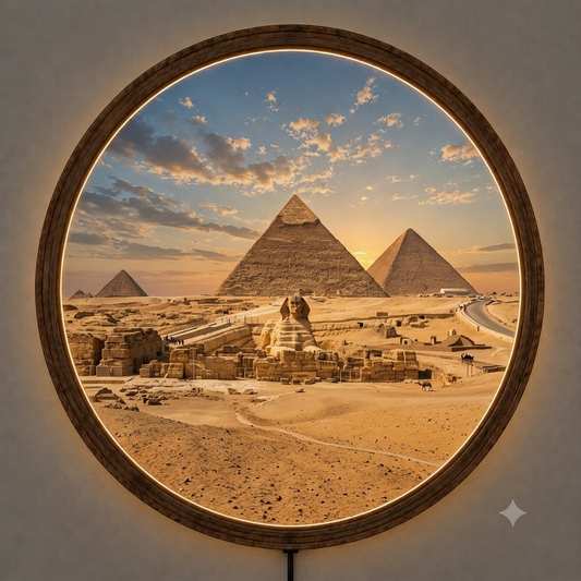 Egypt Pyramid LED Wall Art, Round Wooden Frame Light, Ancient Desert Landscape Decor
