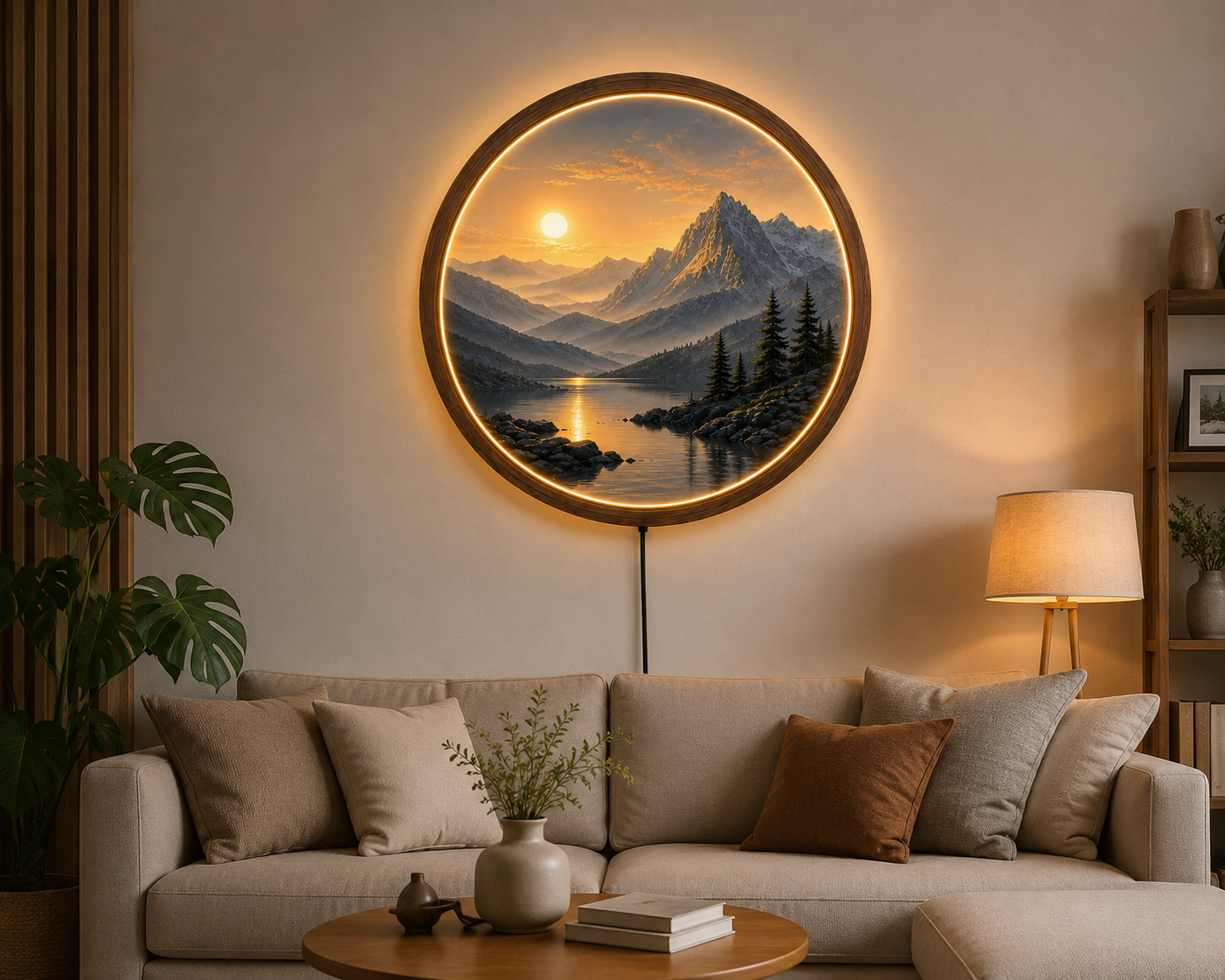 Round LED Mountain Wall Lamp, Modern Landscape Light, Minimalist Wall Decor, Scenic Night Light, Unique Home Gift
