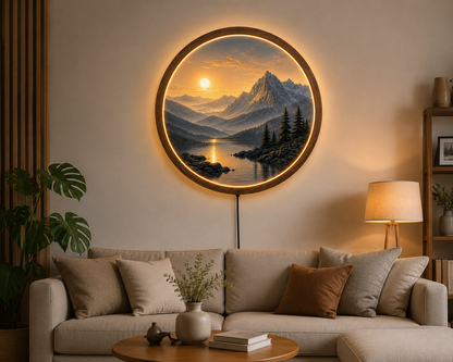 Round LED Mountain Wall Lamp, Modern Landscape Light, Minimalist Wall Decor, Scenic Night Light, Unique Home Gift