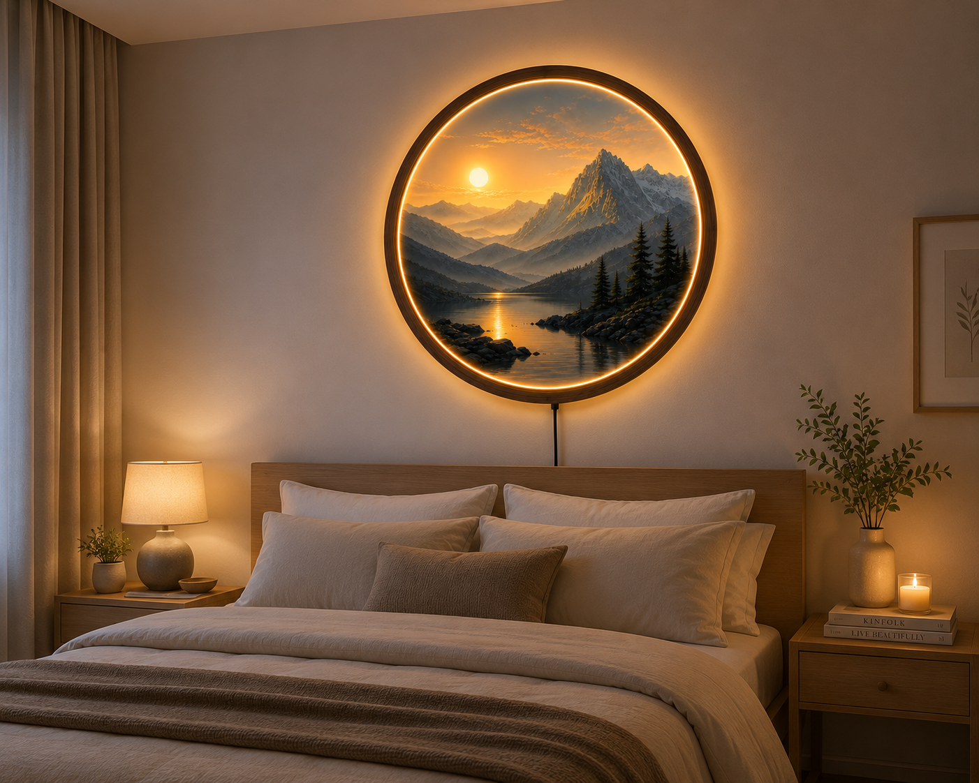 Round LED Mountain Wall Lamp, Modern Landscape Light, Minimalist Wall Decor, Scenic Night Light, Unique Home Gift