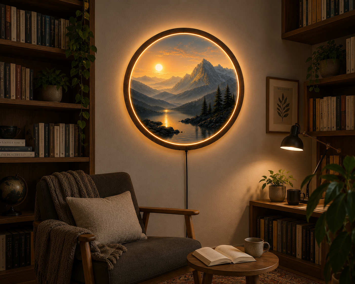 Round LED Mountain Wall Lamp, Modern Landscape Light, Minimalist Wall Decor, Scenic Night Light, Unique Home Gift