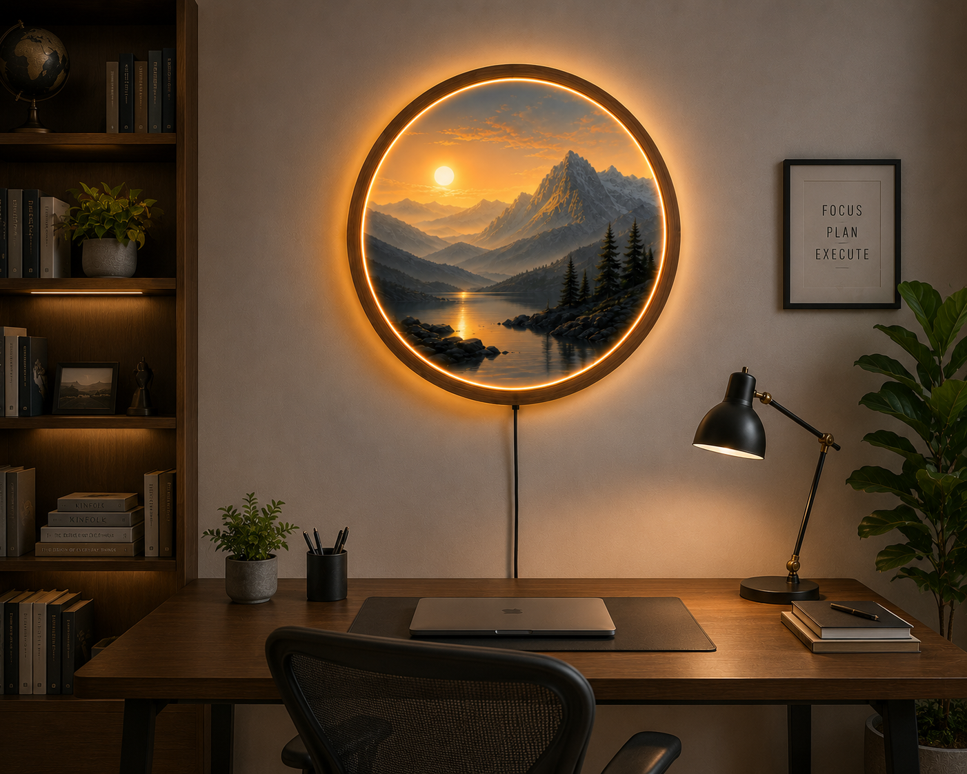 Round LED Mountain Wall Lamp, Modern Landscape Light, Minimalist Wall Decor, Scenic Night Light, Unique Home Gift