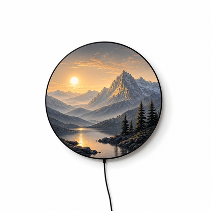 Round LED Mountain Wall Lamp, Modern Landscape Light, Minimalist Wall Decor, Scenic Night Light, Unique Home Gift