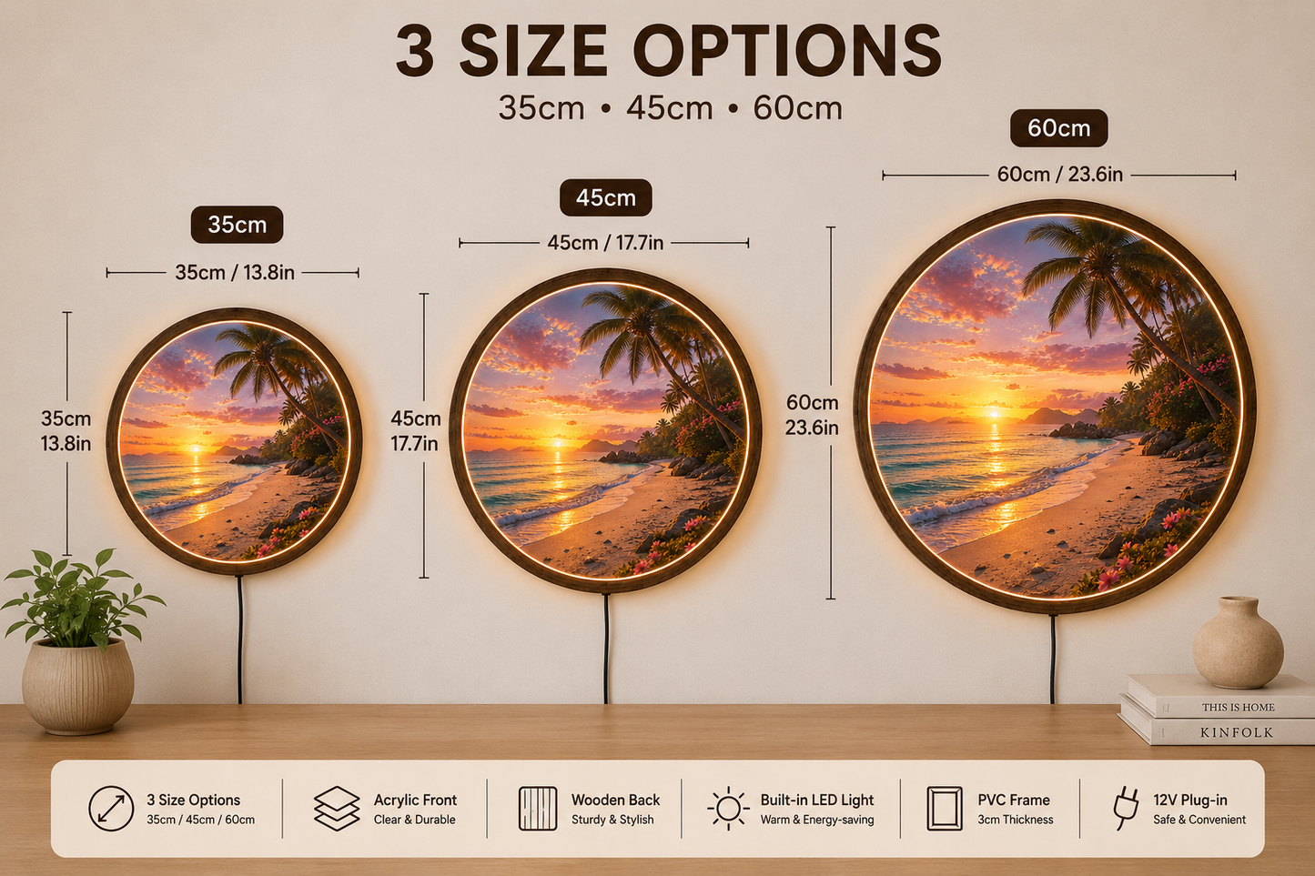 Tropical Beach LED Wall Art, Round Wooden Frame Light, Sunset Ocean Decor