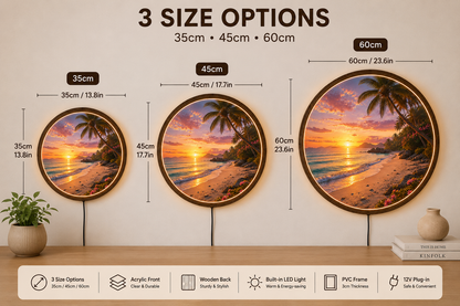 Tropical Beach LED Wall Art, Round Wooden Frame Light, Sunset Ocean Decor