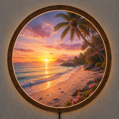 Tropical Beach LED Wall Art, Round Wooden Frame Light, Sunset Ocean Decor