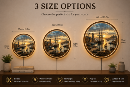 Harbor Sunset LED Wall Decor, Round Coastal Wooden Frame Light, Nautical Wall Art