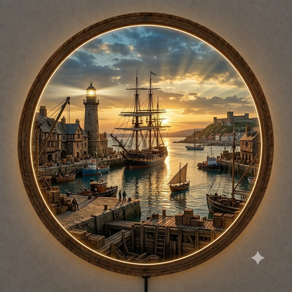 Harbor Sunset LED Wall Decor, Round Coastal Wooden Frame Light, Nautical Wall Art